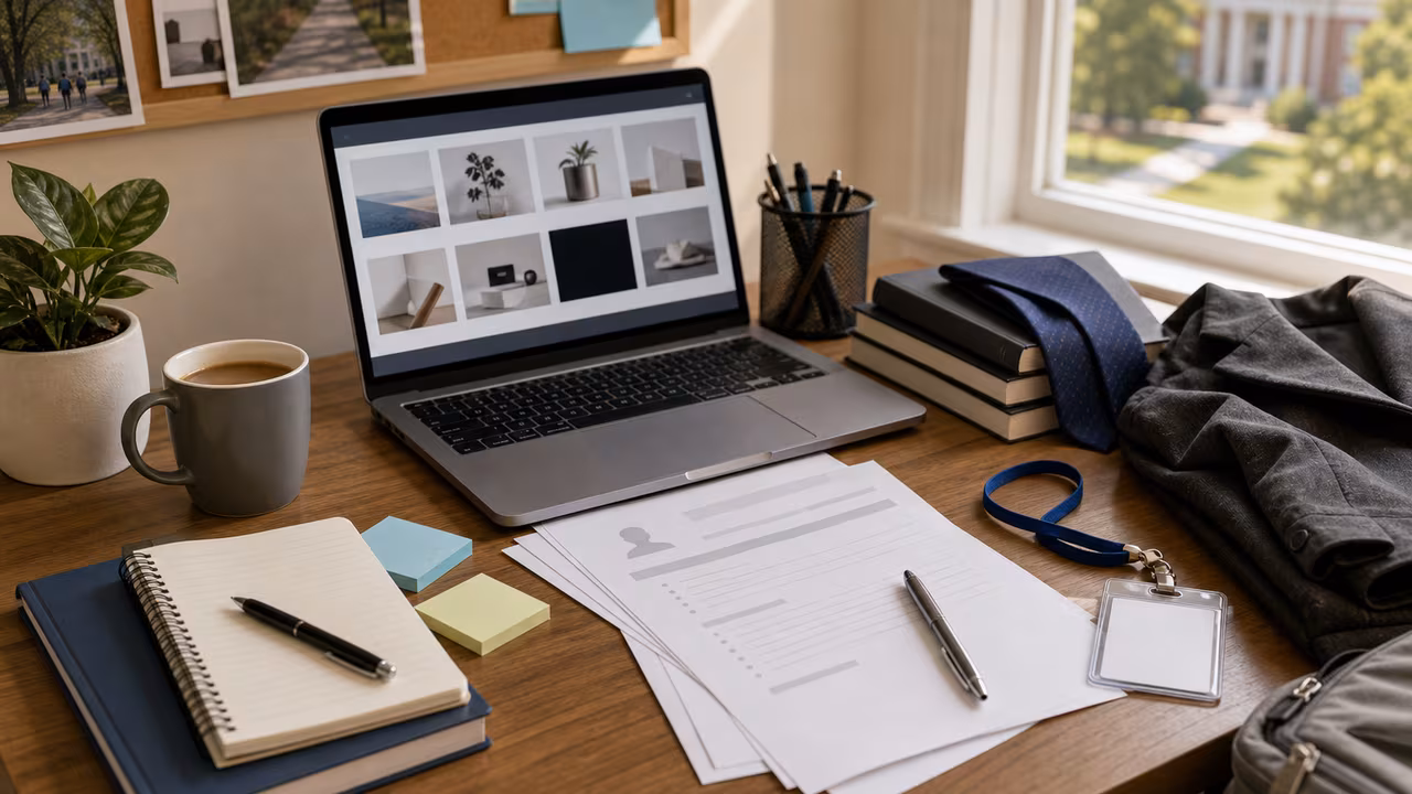 Career preparation desk with laptop portfolio thumbnails, blank resume pages, interview outfit details, notebook, and coffee.