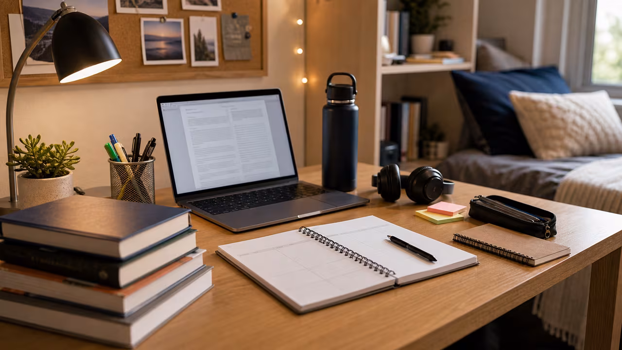 Organized dorm study desk with textbooks, laptop, blank planner, headphones, and task lighting.