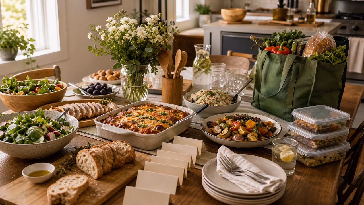 Large home gathering table with prepared dishes, serving utensils, grocery tote, meal prep containers, and blank place cards.