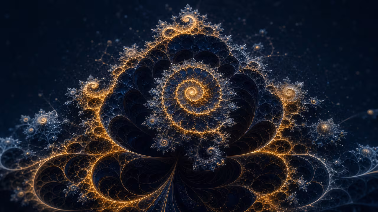 Intricate luminous fractal geometry with repeating patterns for the Exotic Math Guidebook.
