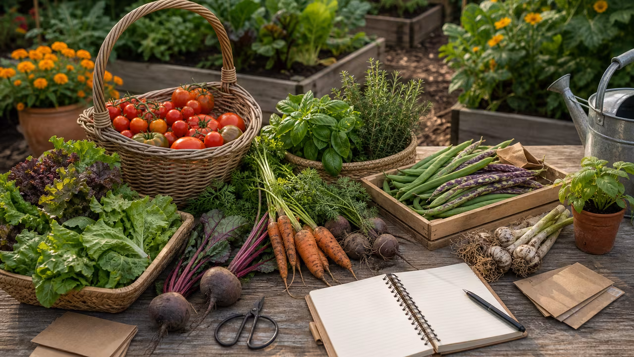 Late-season garden harvest with baskets of tomatoes, herbs, greens, root vegetables, blank notes, and hand tools.