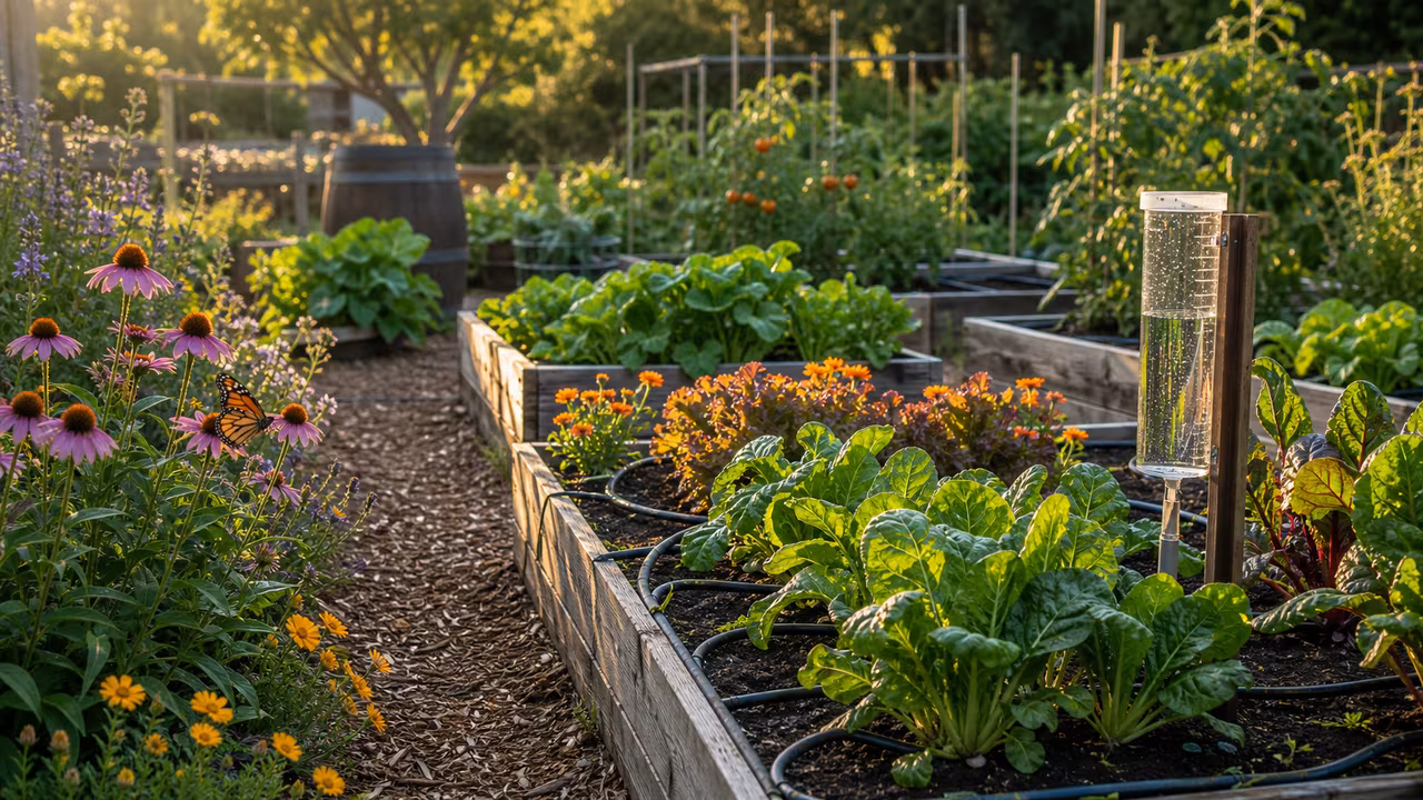 Water-wise vegetable beds with drip irrigation, pollinator flowers, and a rain gauge for the Gardening Guidebook.