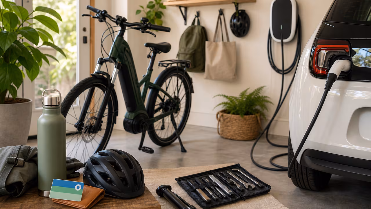 Greener transportation setup with an e-bike, electric car charger, helmet, repair tools, and reusable bottle.