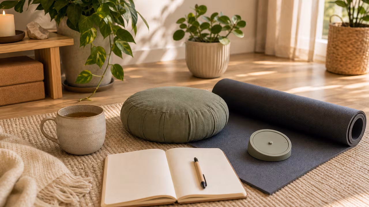 Quiet stress management corner with yoga mat, meditation cushion, tea, blank journal, and indoor plants.