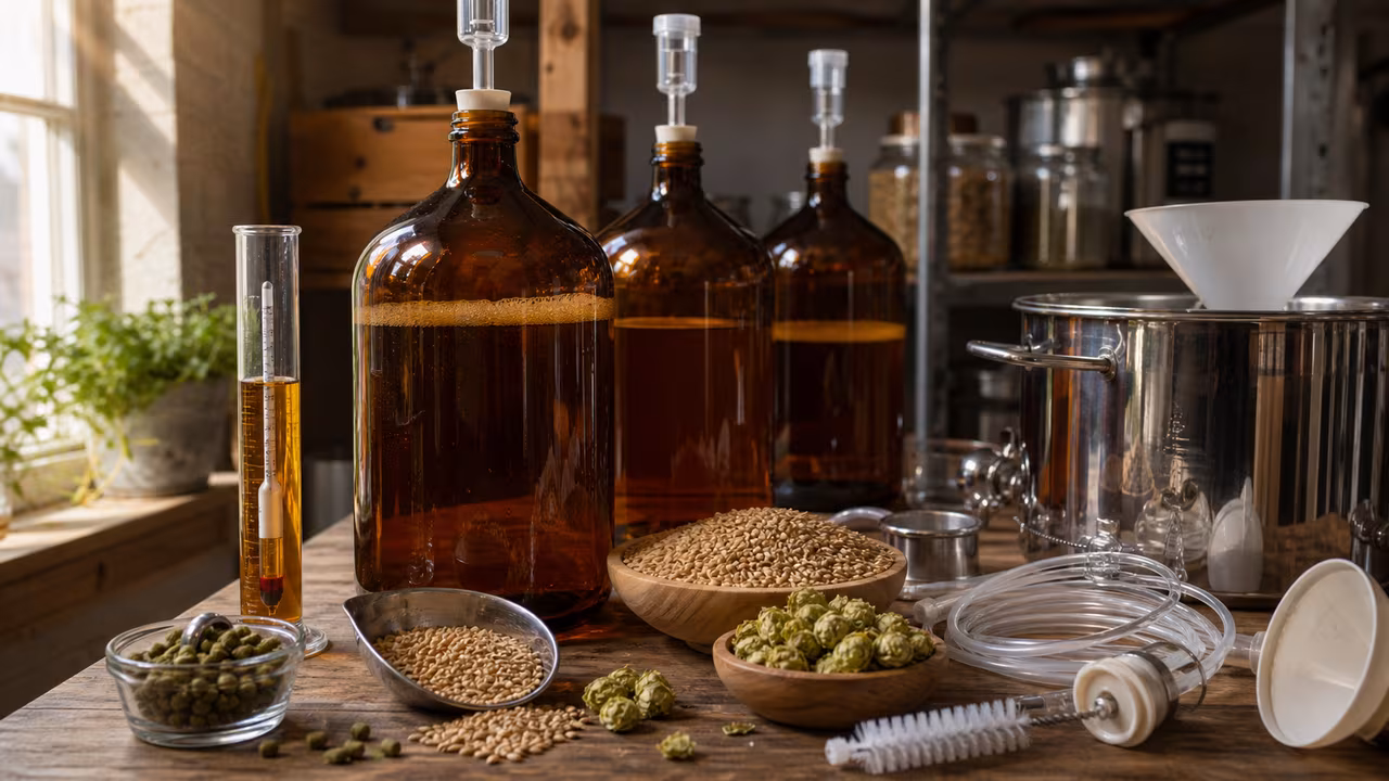 Amber fermenters, hops, malt, hydrometer, tubing, and brewing tools on a clean home brewery workbench.