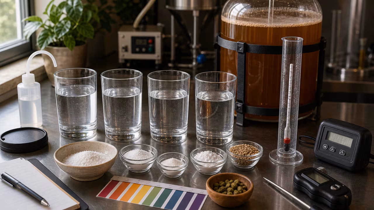 Home brewing water chemistry setup with clear water samples, mineral bowls, hydrometer, thermometer, and fermenter.