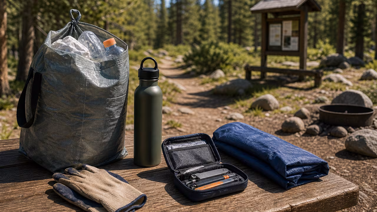 Low-impact hiking setup with reusable trash bag, gloves, refillable bottle, repair kit, and a clean forest trailhead.