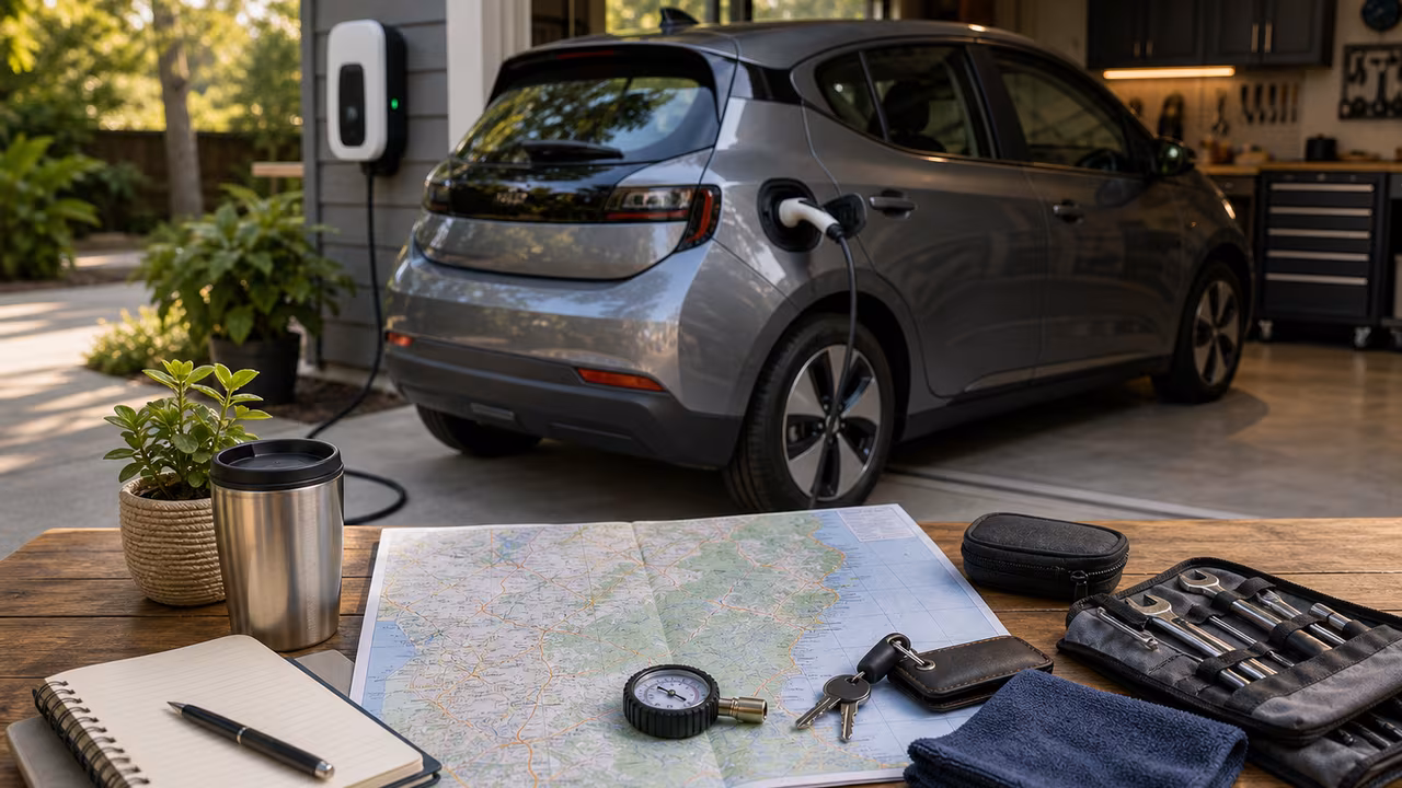 Efficient vehicle planning scene with compact electric car, home charger, tire gauge, route map, tools, and travel mug.