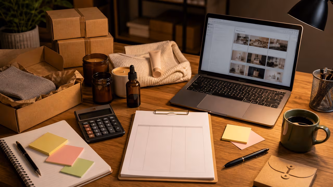 Freelancer pricing desk with product samples, calculator, laptop, blank invoice sheet, and sticky notes.