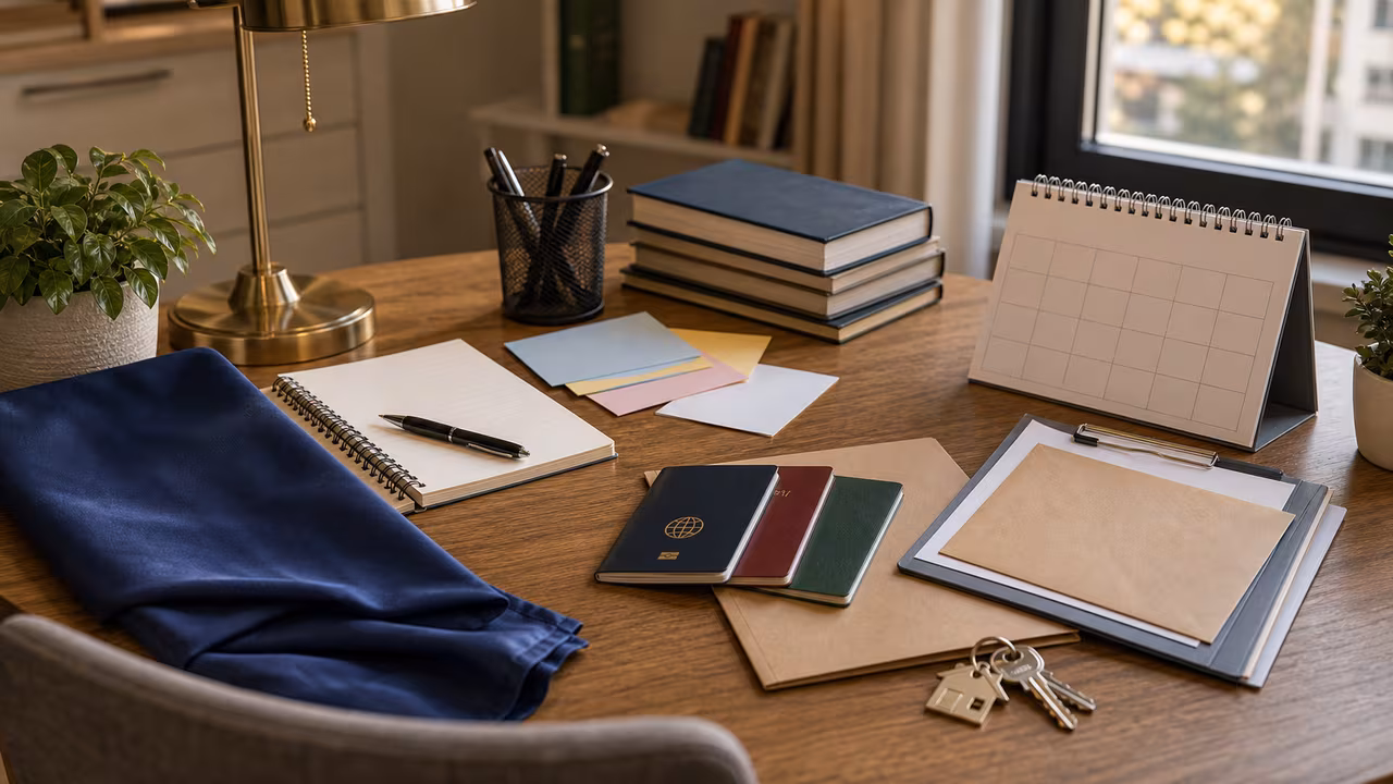 Naturalization planning desk with passports, blank study cards, keys, blank calendar, and warm apartment light.