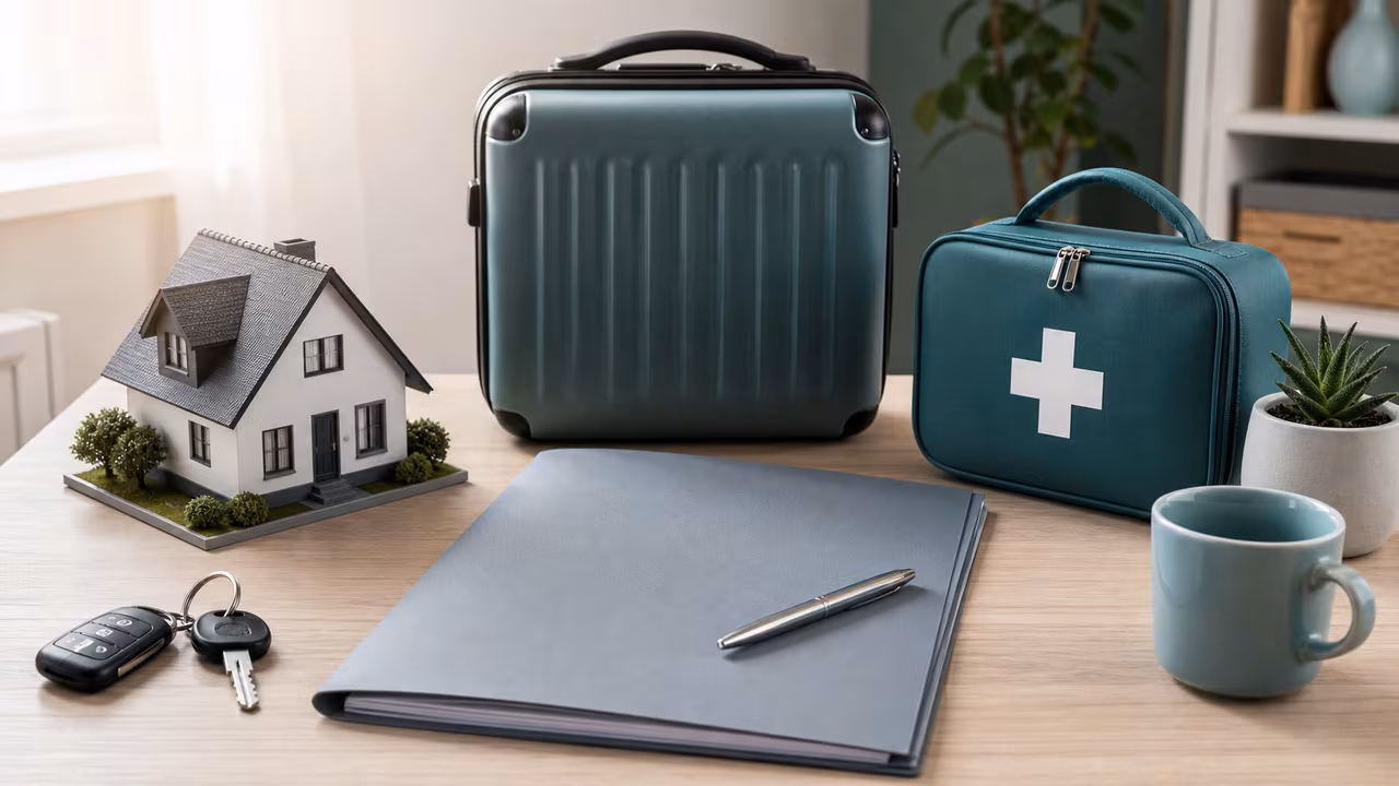 Travel, auto, health, and home coverage objects arranged with a blank policy folder for the Insurance Insight Guidebook.