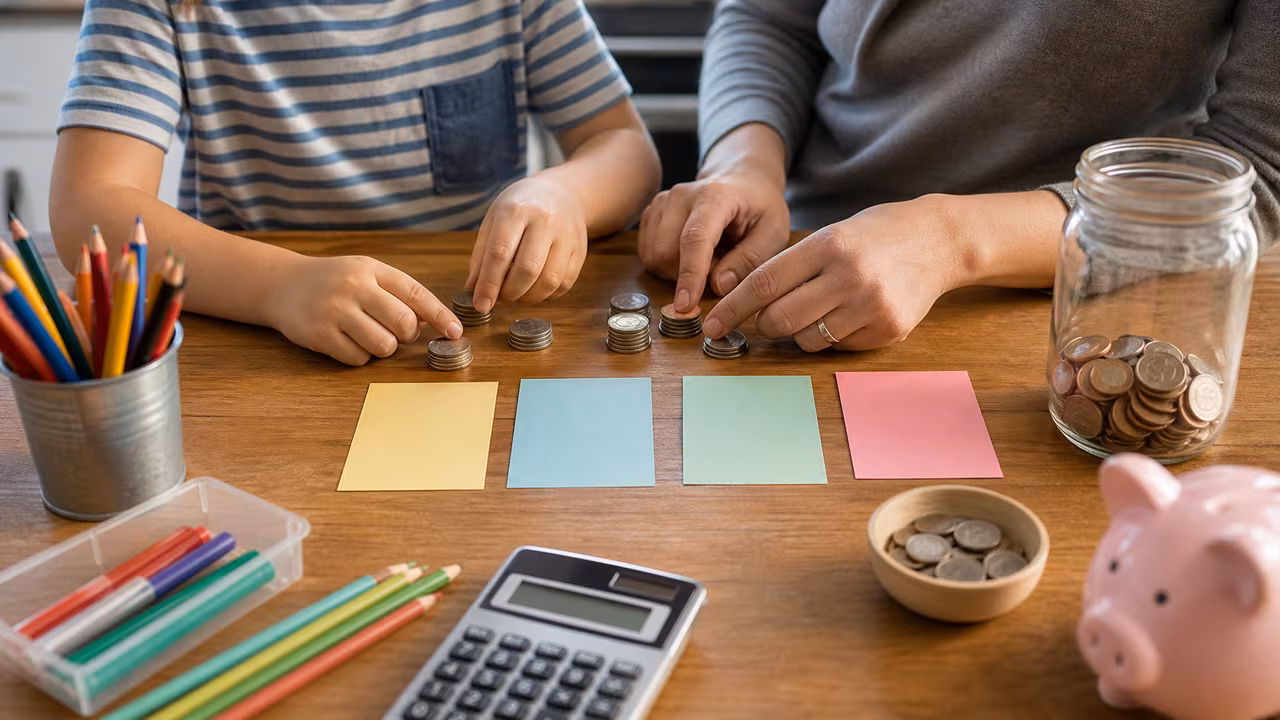 Child and adult hands sorting allowance coins into categories with blank cards, calculator, and savings jar.