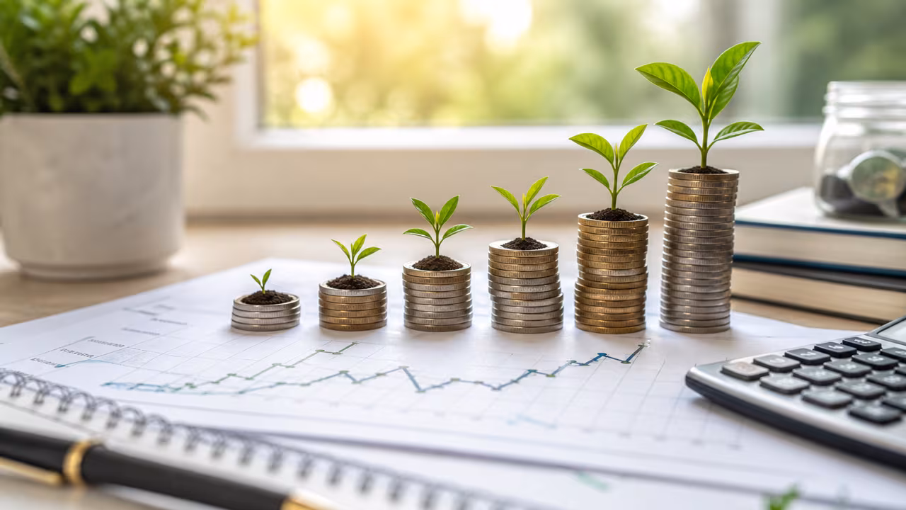 Small plants growing beside stacked coins and a simple chart line to represent long-term saving and investing.