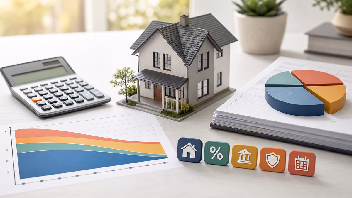 House model with a calculator, payment chart, and cost category icons illustrating a mortgage payment breakdown