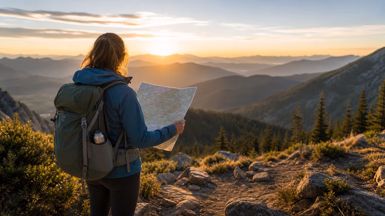 Hiker reviewing a folded map at sunrise on a mountain trail for route and daylight planning.