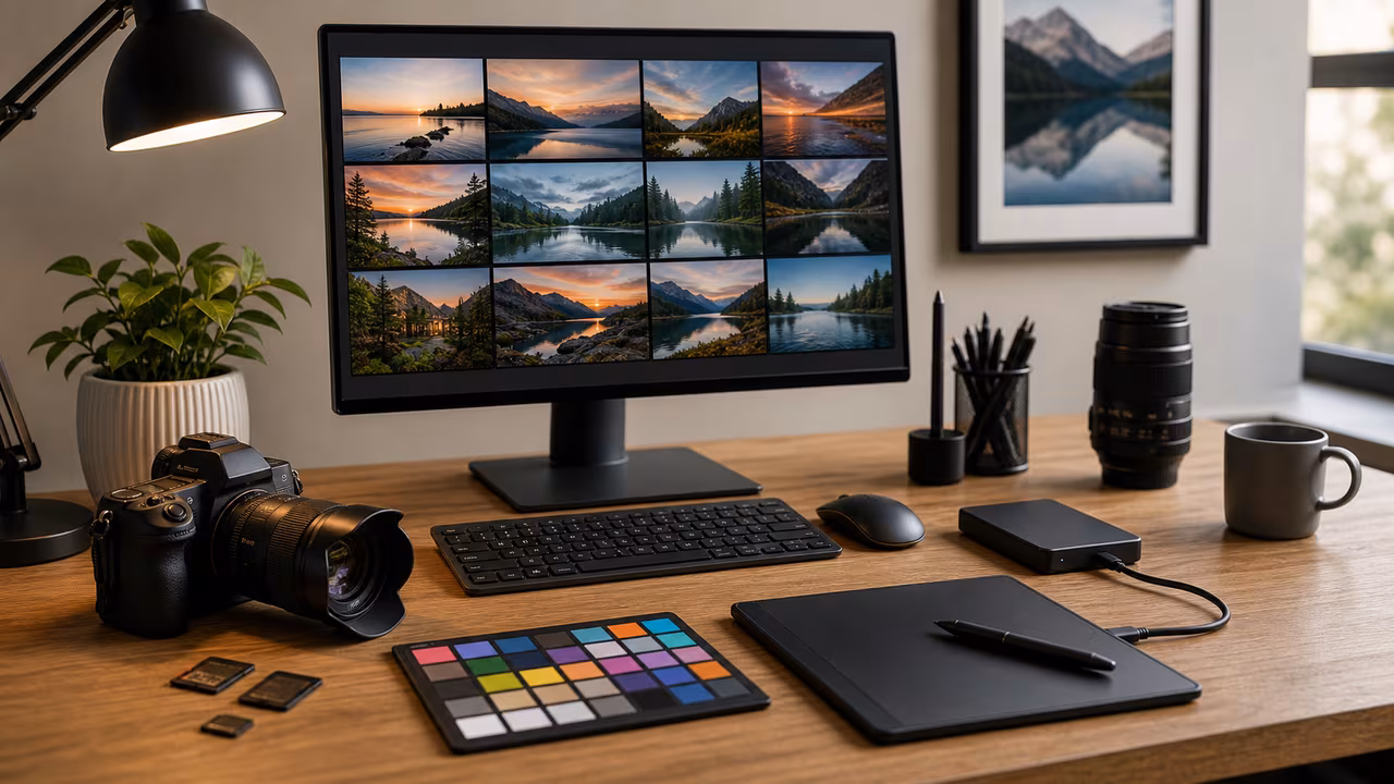 Digital photography editing desk with camera, memory cards, color card, external drive, and monitor photo grid.