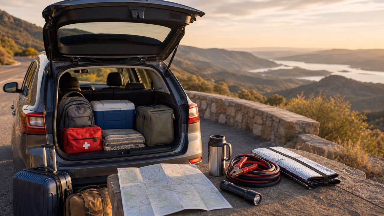 Car packed for a road trip with luggage, cooler, emergency kit, and folded map at a scenic overlook.