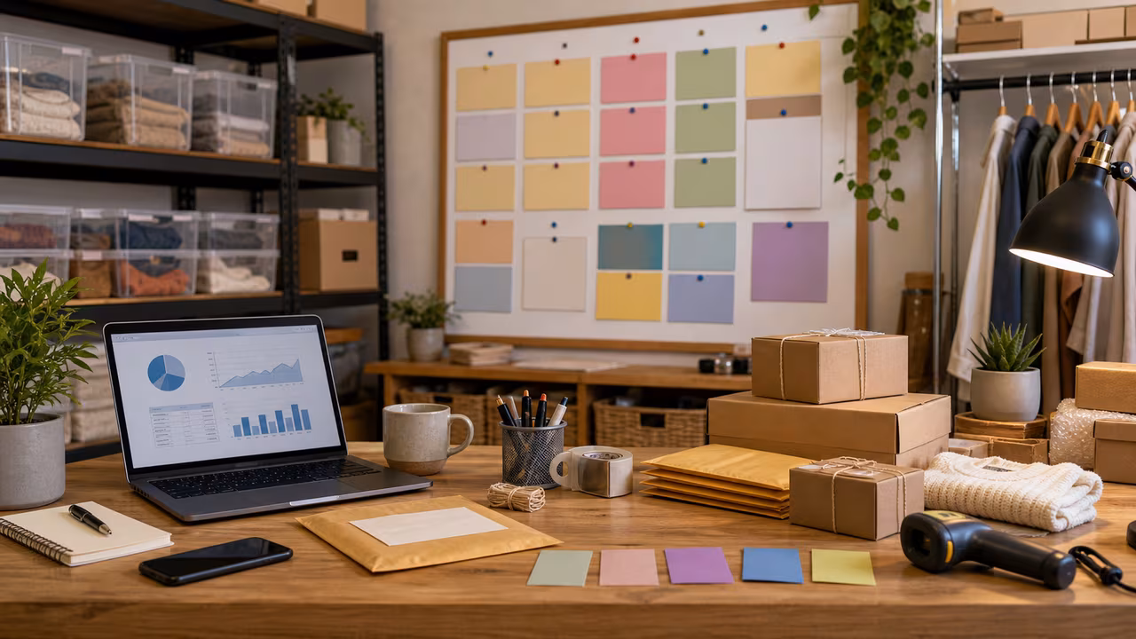 Small business operations workspace with packed orders, inventory bins, laptop charts, and unlabeled planning cards.