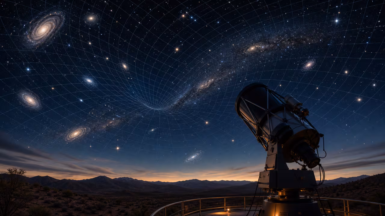 Telescope under a star field with a curved spacetime grid and distant galaxies for cosmology concepts.